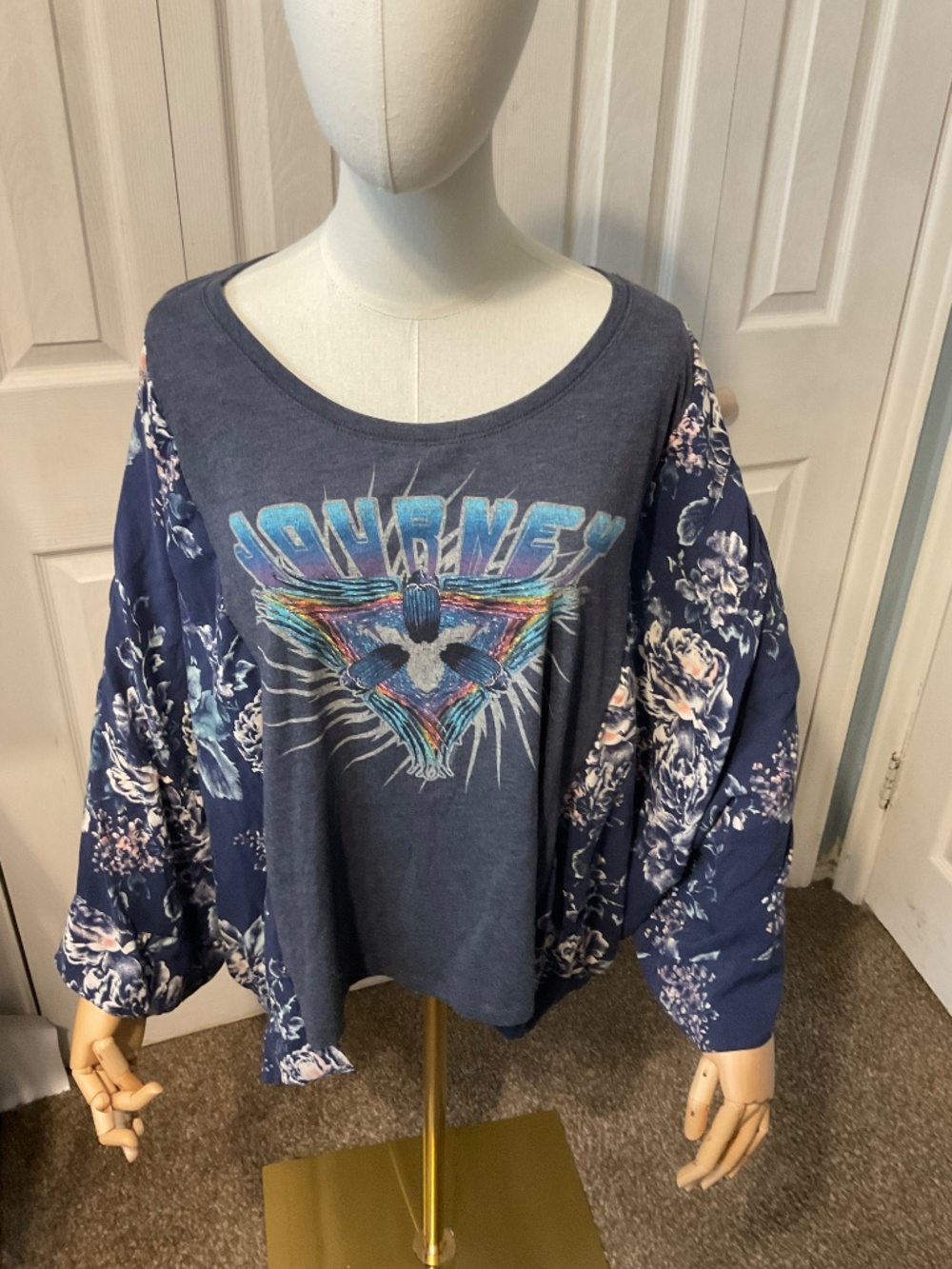 Journey Upcycled Graphic T-Shirt with Flowy Floral Sleeves - OSFM